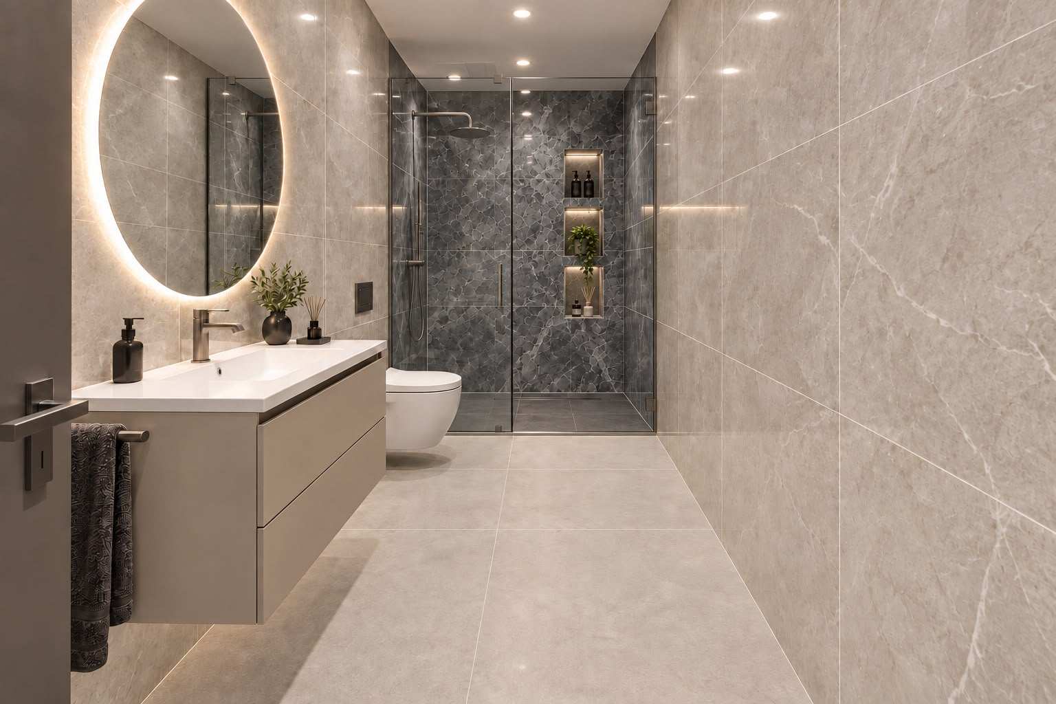 A bathroom finished in light stone-effect porcelain with a backlit round mirror, wall-hung vanity and a frameless walk-in shower.