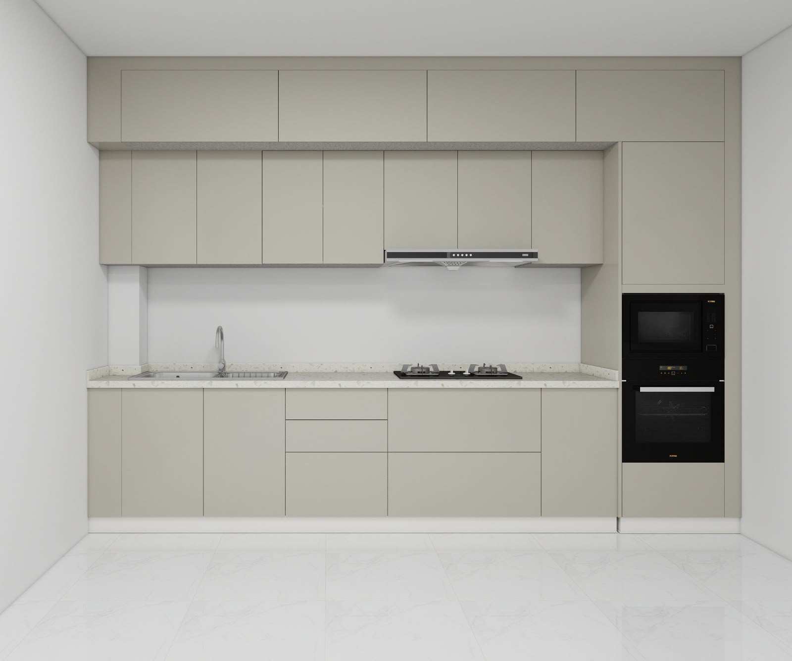 A fitted kitchen with full-height cashmere cabinetry, stone-effect worktop, stainless steel sink and built-in oven.