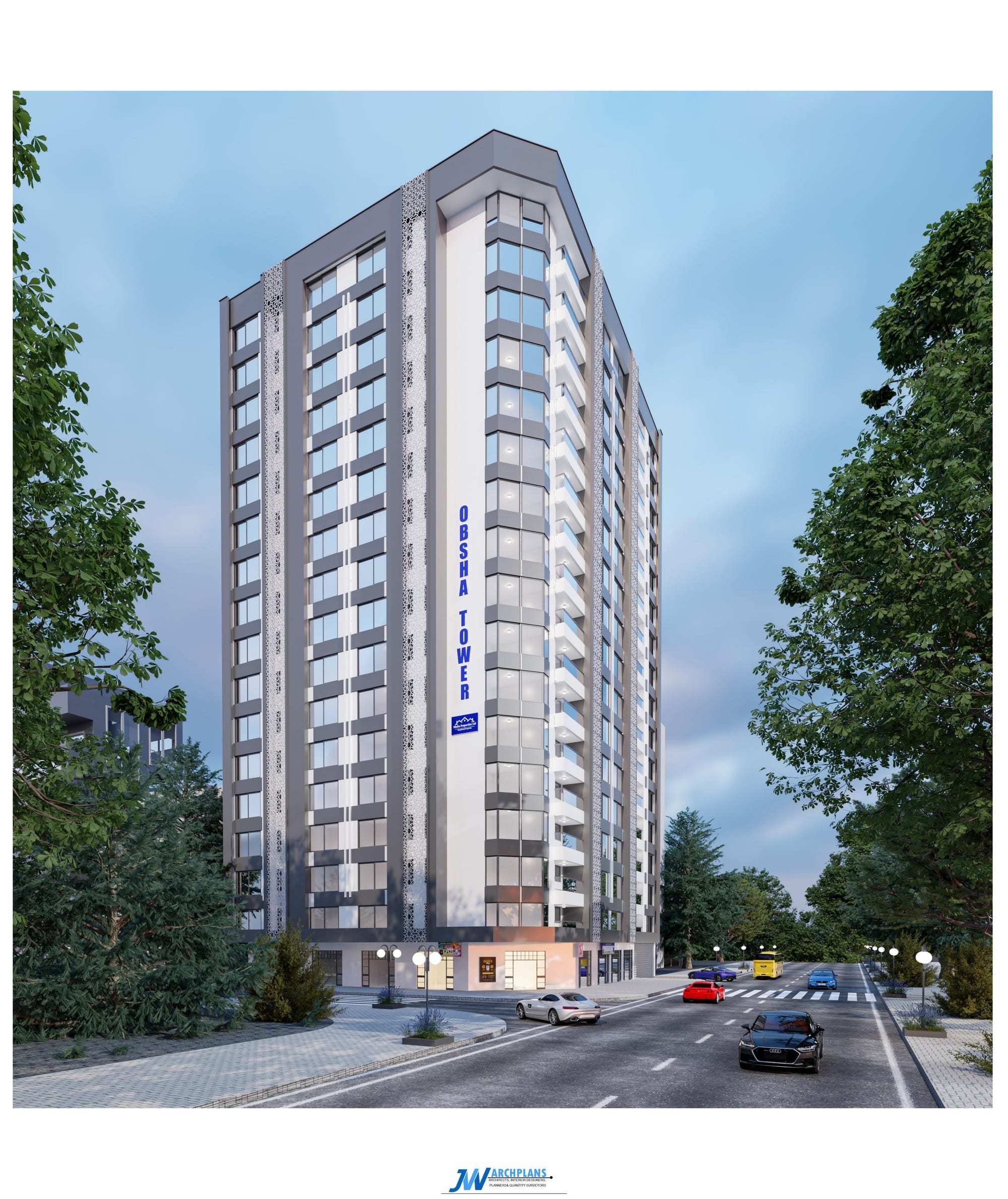 Obsha Towers, an 18-storey residential tower with grey and white facades and patterned screens, rising above a tree-lined street.