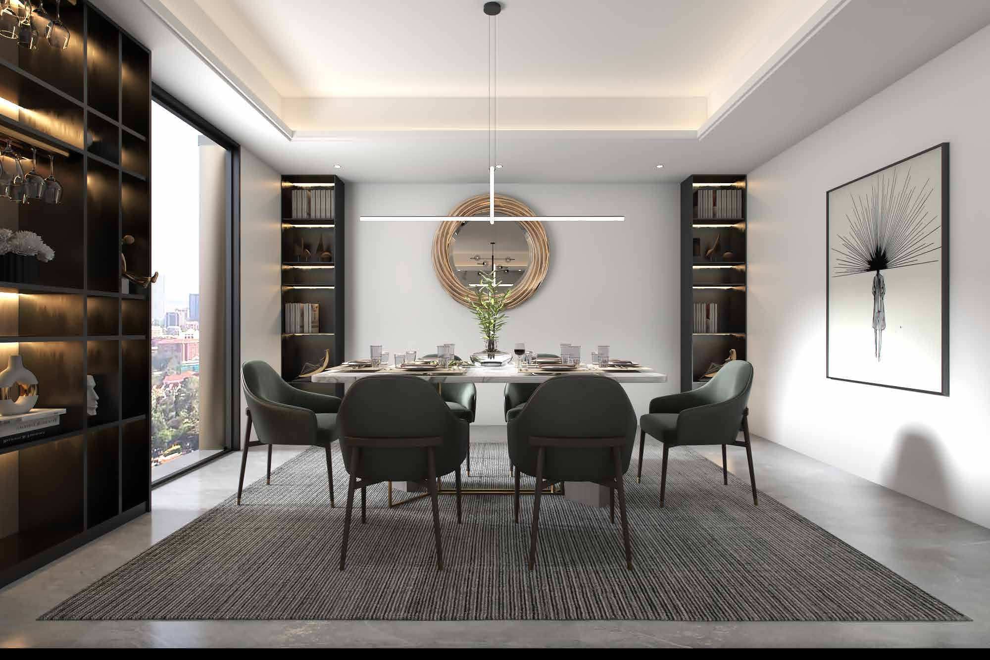 A dining area with a table for six, a decorative wall mirror and built-in shelving lit from within.