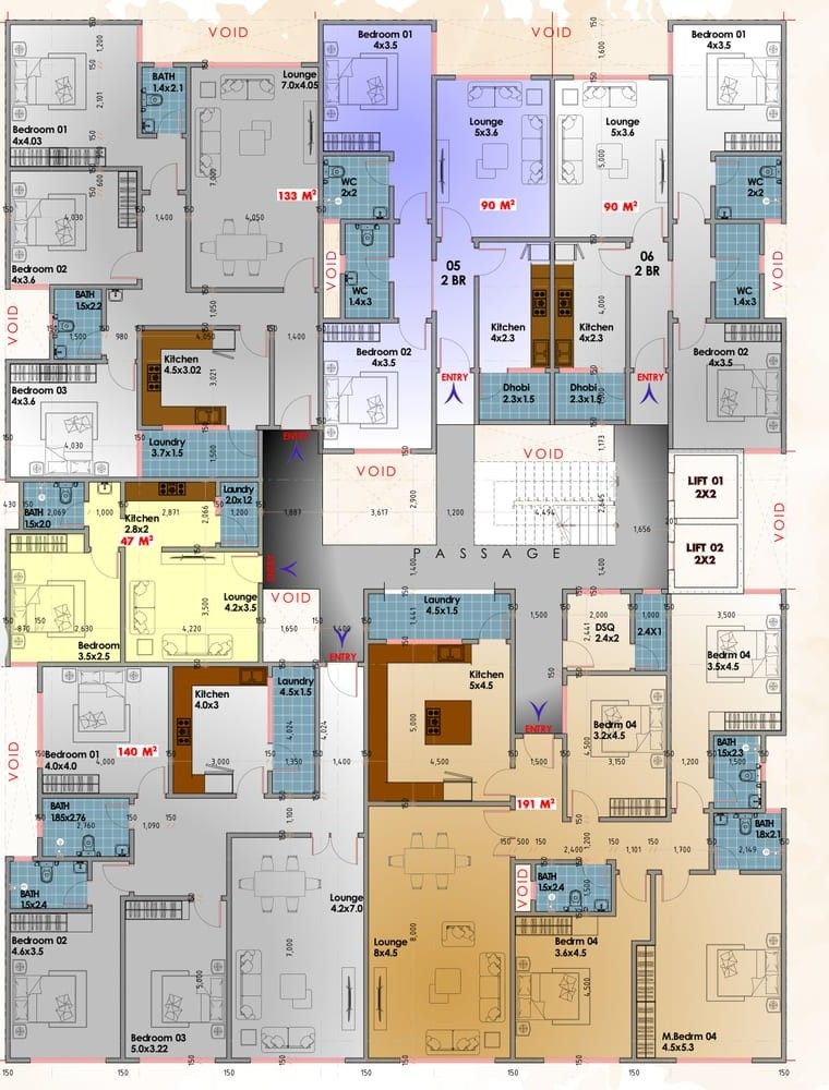 A coloured floor plate plan showing apartments of 47, 90, 133, 140 and 191 square metres around a central passage, lifts and stair.