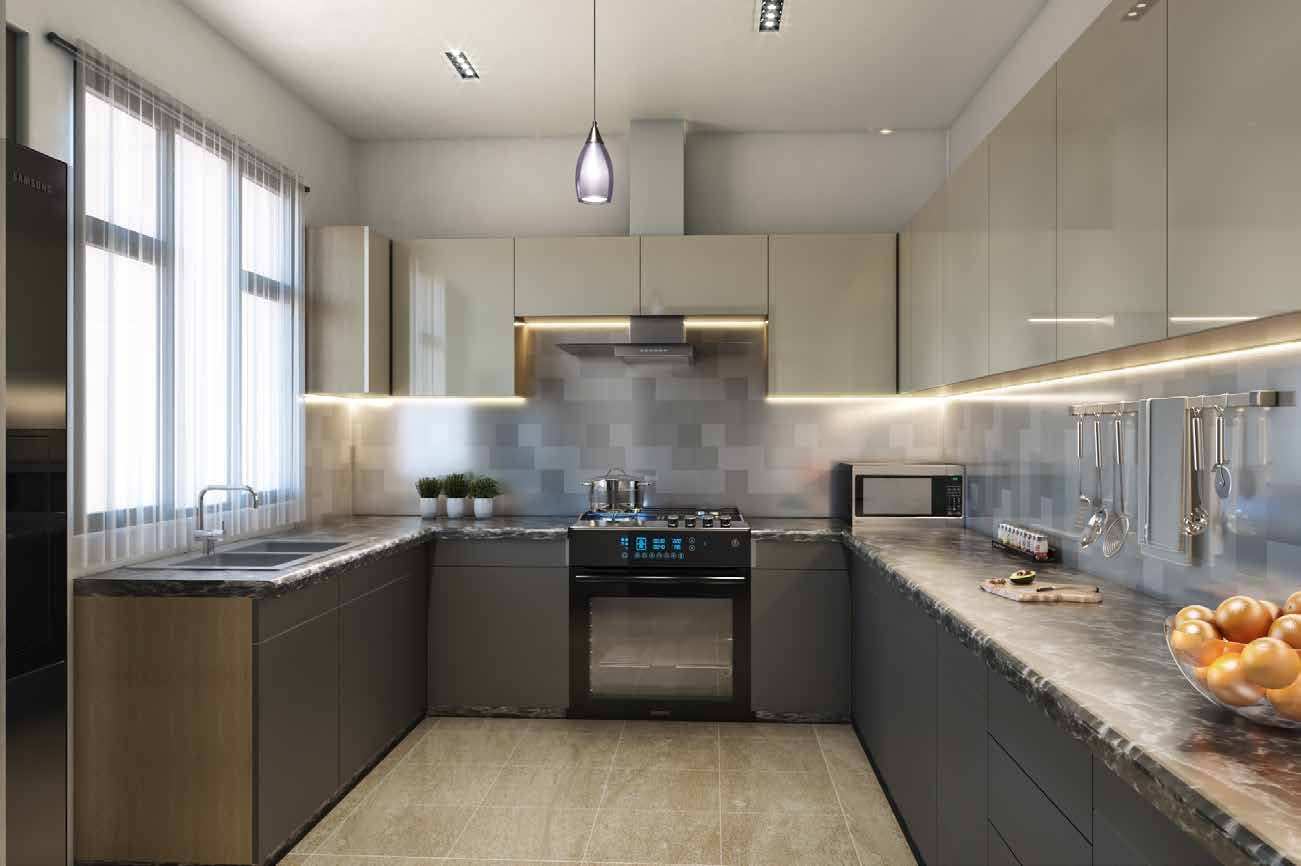 A fitted kitchen with dark lower cabinets, pale upper cabinets and a stone-effect splashback.