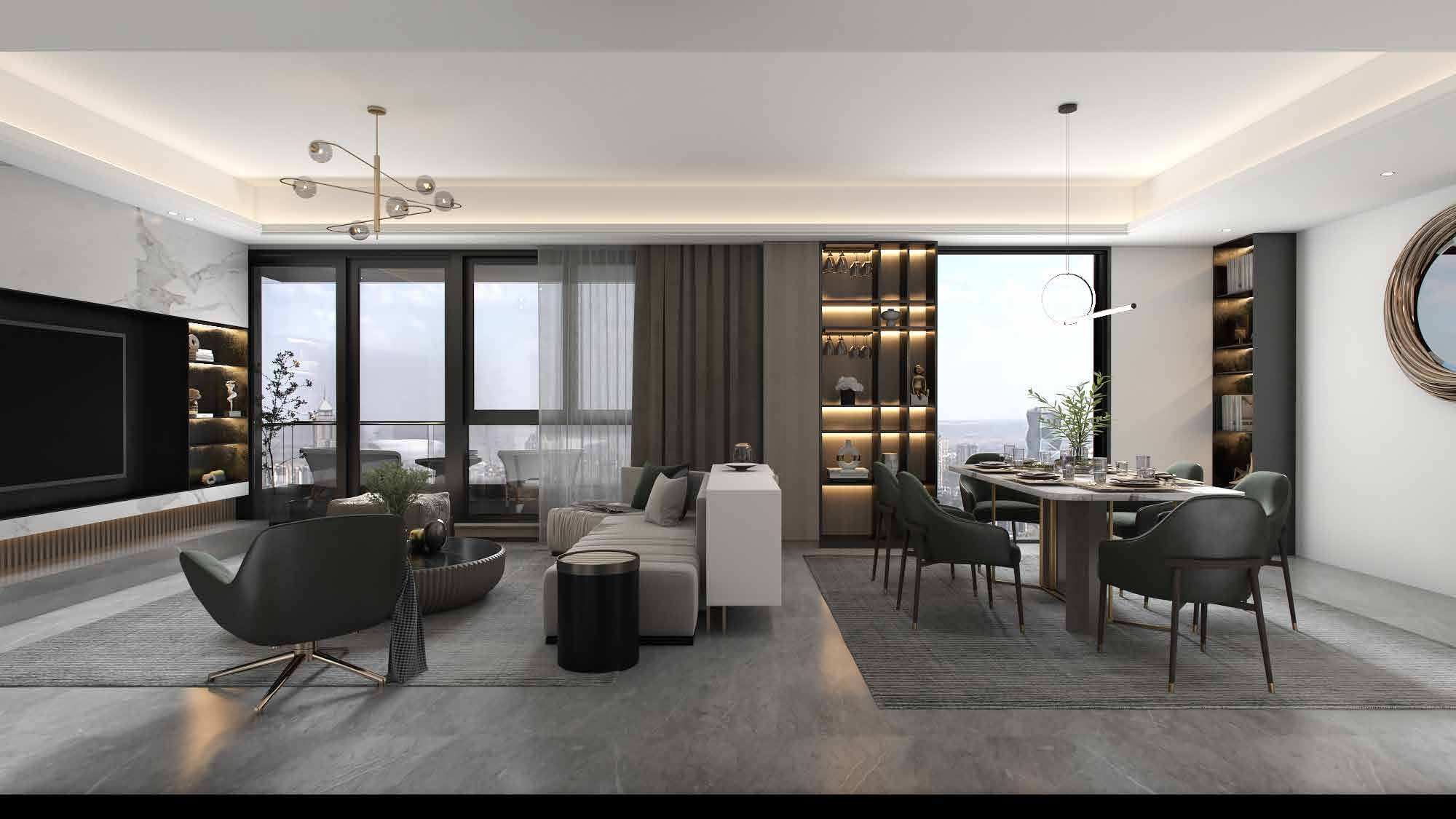 An open-plan living and dining room with grey sofas, a dining table and floor-to-ceiling windows.